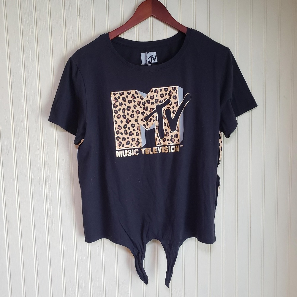 MTV Shirt Womens Plus 2XL‎ Black Leopard Music Television Cropped Tie Front Top - Picture 2 of 6